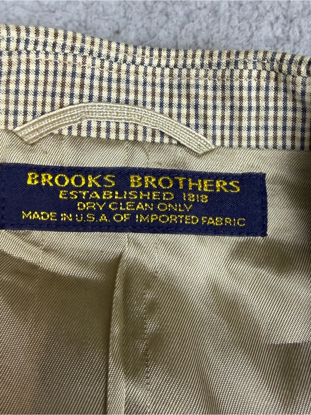 Vtg Brooks Brothers 1818 Blazer Men 43L Beige Silk Linen Wool Gunclub Check USA